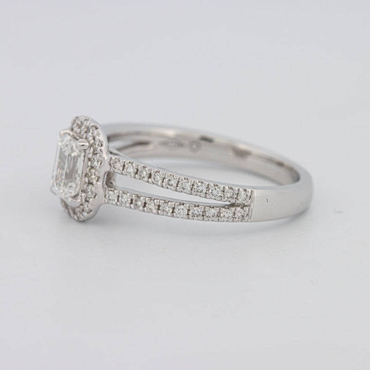 Emerald Cut Halo Solitaire with Split Band