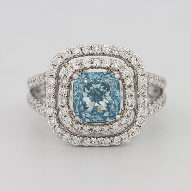 2 CT "Blue" Cushion Cut Halo Pavé Solitaire (LG) - ZIZOV DIAMONDS