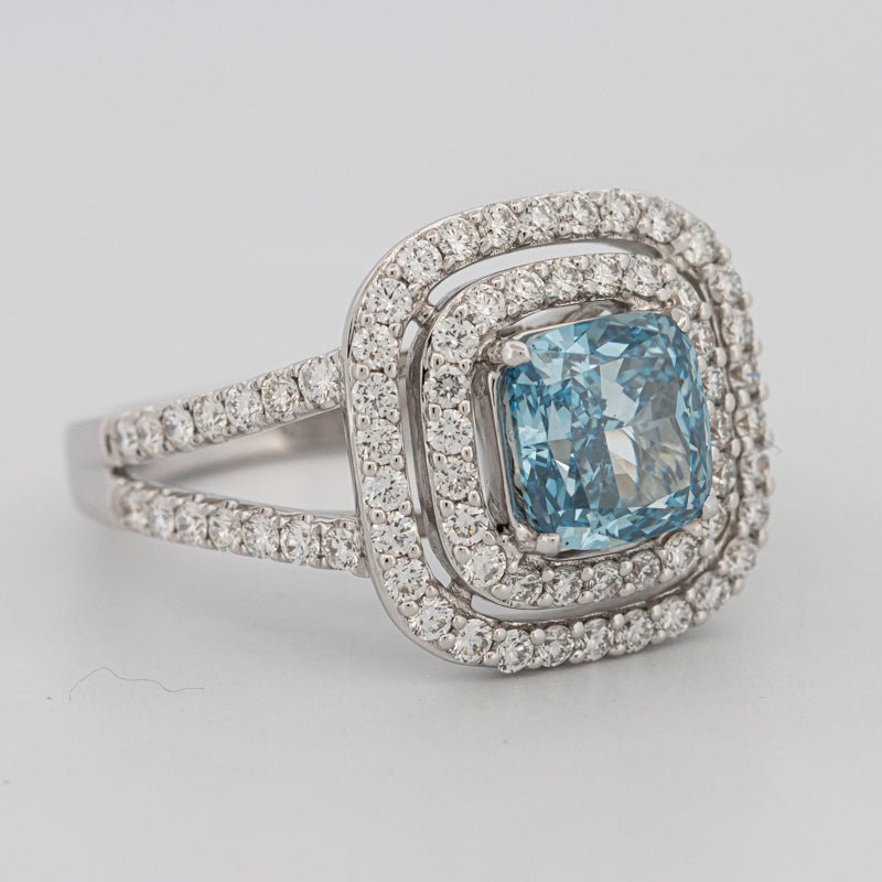 2 CT "Blue" Cushion Cut Halo Pavé Solitaire (LG) - ZIZOV DIAMONDS