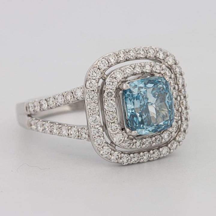 2 CT "Blue" Cushion Cut Halo Pavé Solitaire (LG) - ZIZOV DIAMONDS