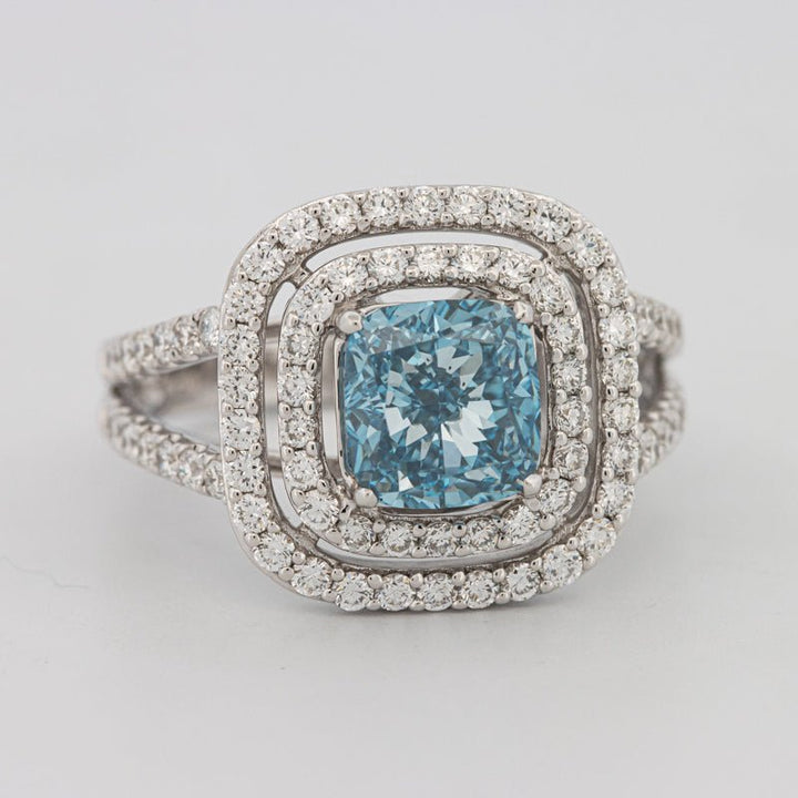 2 CT "Blue" Cushion Cut Halo Pavé Solitaire (LG) - ZIZOV DIAMONDS