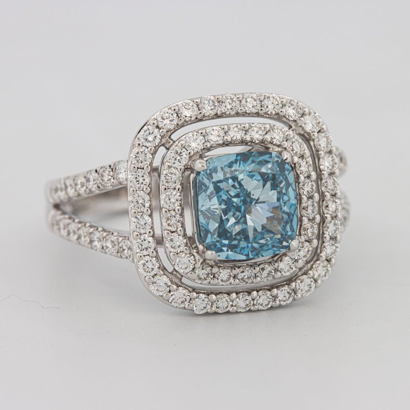 2 CT "Blue" Cushion Cut Halo Pavé Solitaire (LG) - ZIZOV DIAMONDS