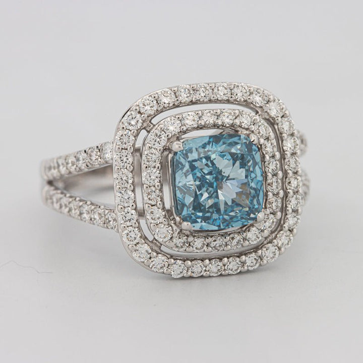 2 CT "Blue" Cushion Cut Halo Pavé Solitaire (LG) - ZIZOV DIAMONDS