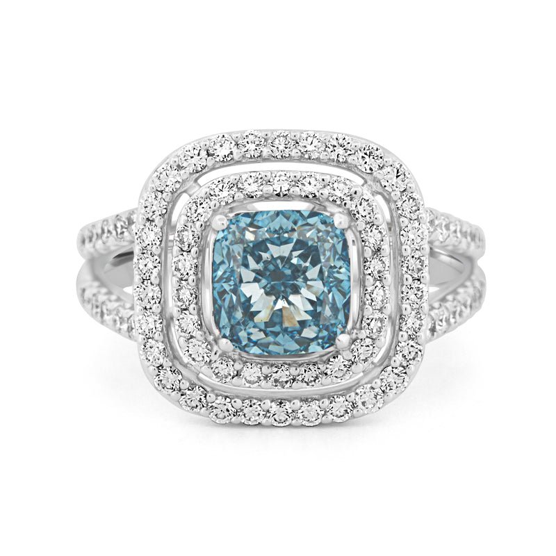2 CT "Blue" Cushion Cut Halo Pavé Solitaire (LG) - ZIZOV DIAMONDS