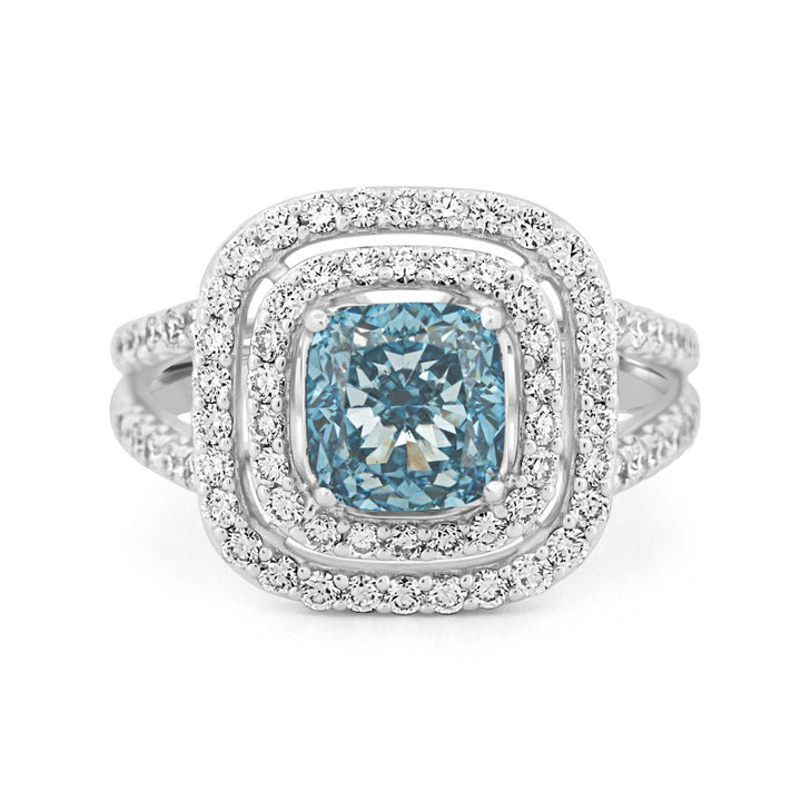 2 CT "Blue" Cushion Cut Halo Pavé Solitaire (LG) - ZIZOV DIAMONDS