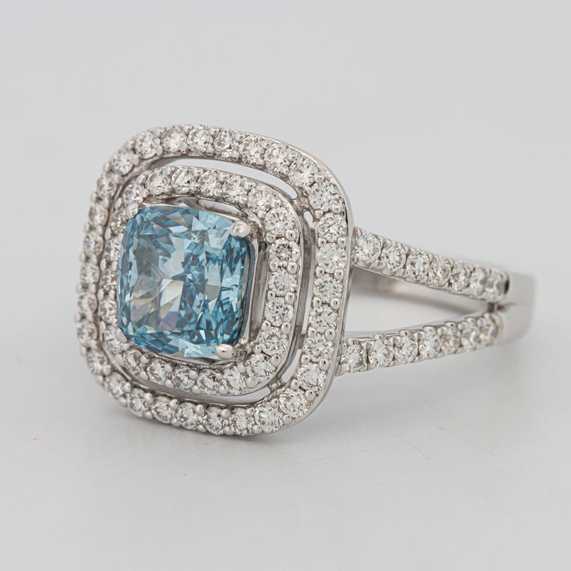 2 CT "Blue" Cushion Cut Halo Pavé Solitaire (LG) - ZIZOV DIAMONDS
