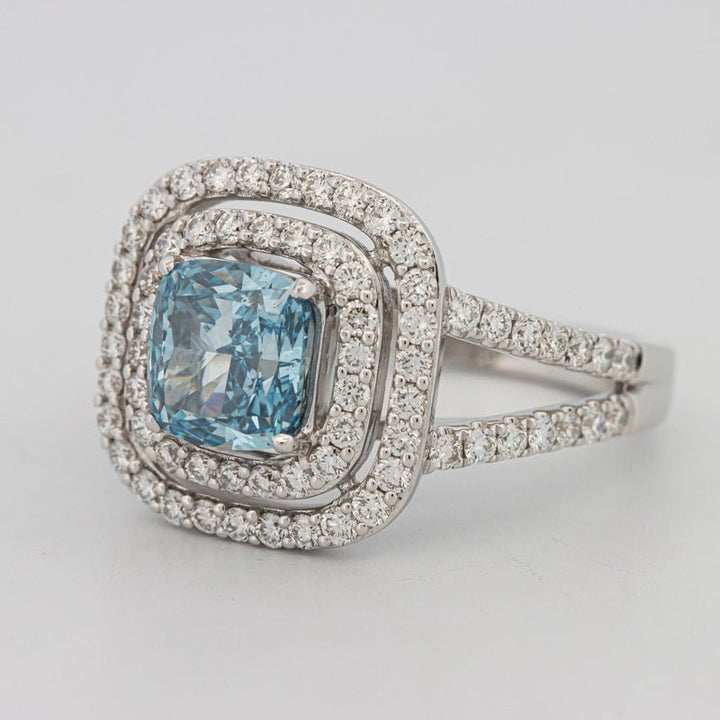 2 CT "Blue" Cushion Cut Halo Pavé Solitaire (LG) - ZIZOV DIAMONDS