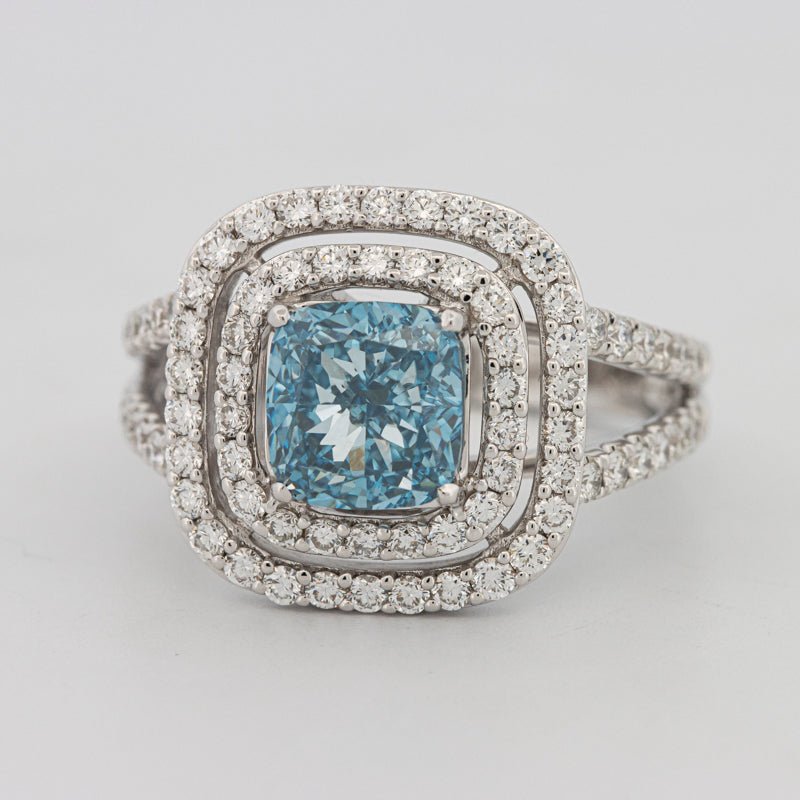 2 CT "Blue" Cushion Cut Halo Pavé Solitaire (LG) - ZIZOV DIAMONDS