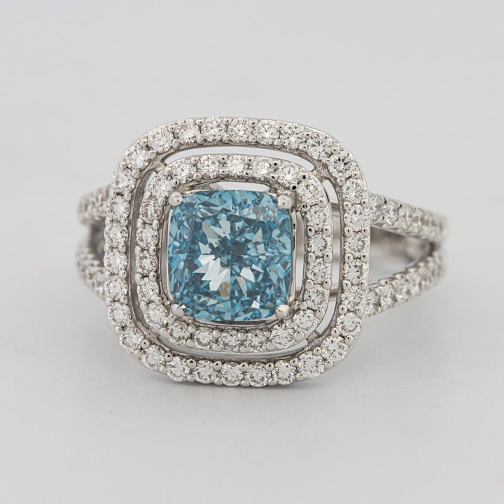 2 CT "Blue" Cushion Cut Halo Pavé Solitaire (LG) - ZIZOV DIAMONDS