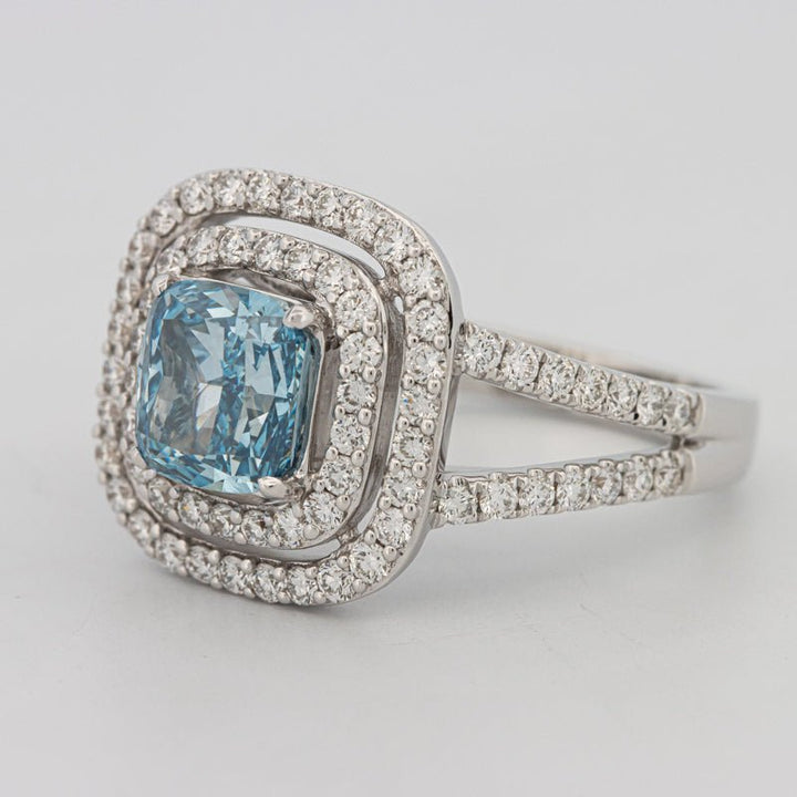 2 CT "Blue" Cushion Cut Halo Pavé Solitaire (LG) - ZIZOV DIAMONDS