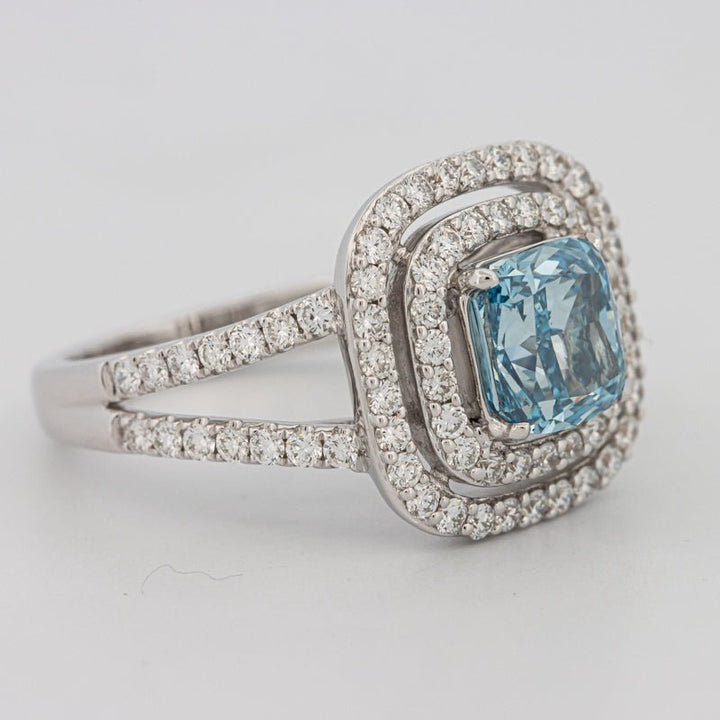 2 CT "Blue" Cushion Cut Halo Pavé Solitaire (LG) - ZIZOV DIAMONDS