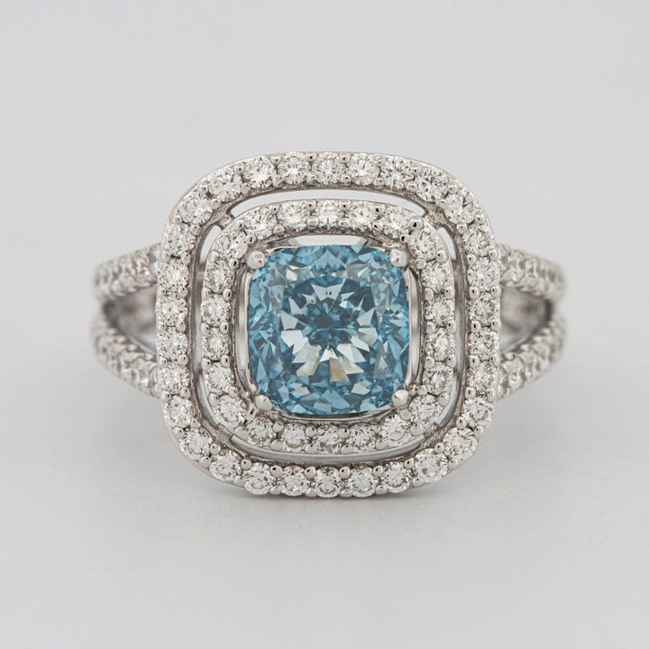 2 CT "Blue" Cushion Cut Halo Pavé Solitaire (LG) - ZIZOV DIAMONDS