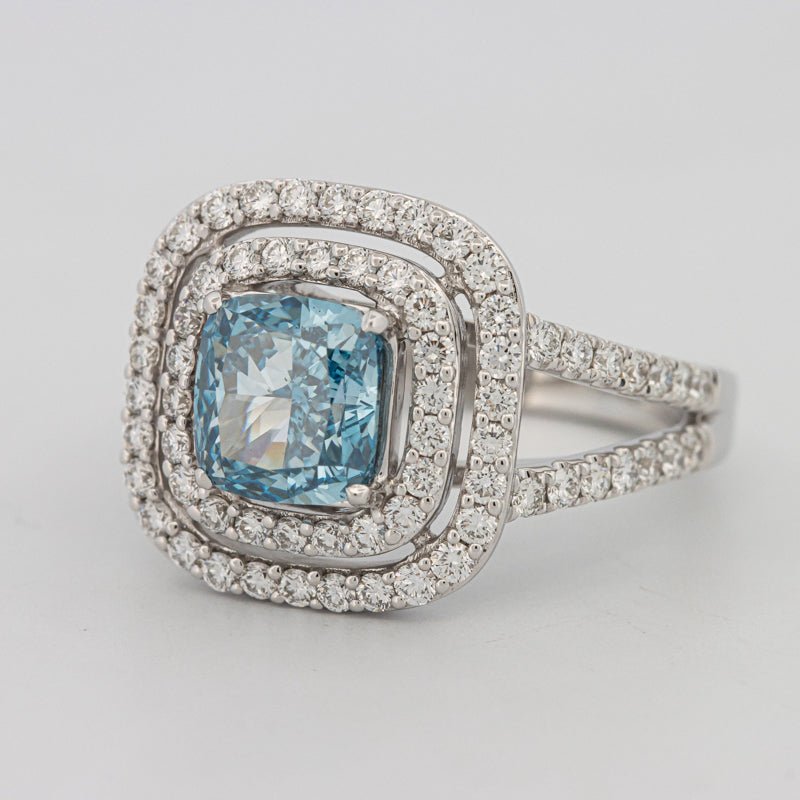 2 CT "Blue" Cushion Cut Halo Pavé Solitaire (LG) - ZIZOV DIAMONDS