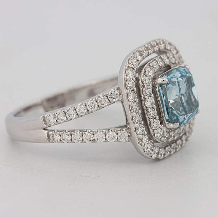 2 CT "Blue" Cushion Cut Halo Pavé Solitaire (LG) - ZIZOV DIAMONDS