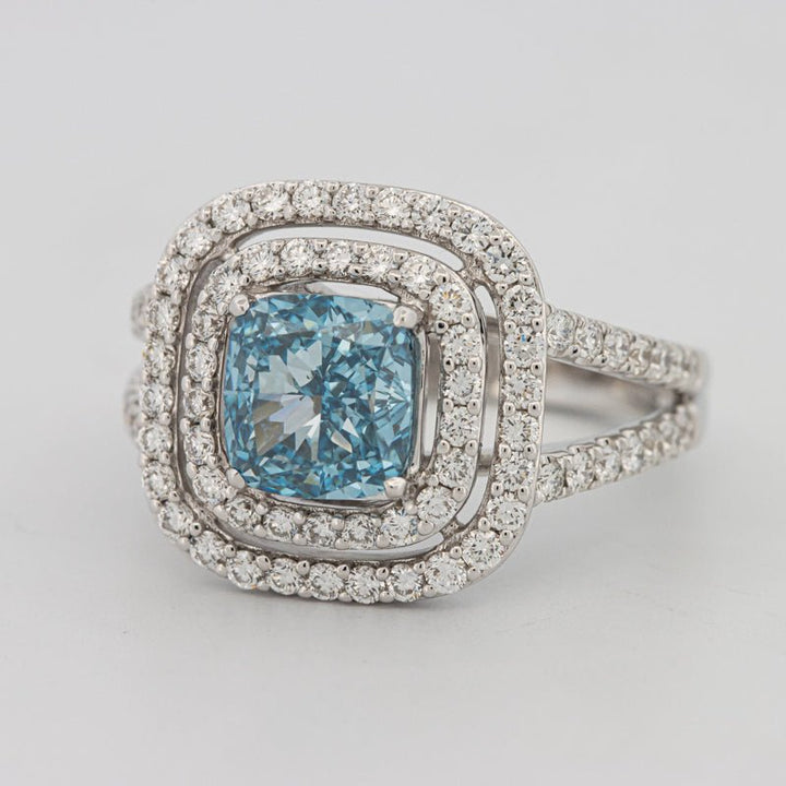 2 CT "Blue" Cushion Cut Halo Pavé Solitaire (LG) - ZIZOV DIAMONDS