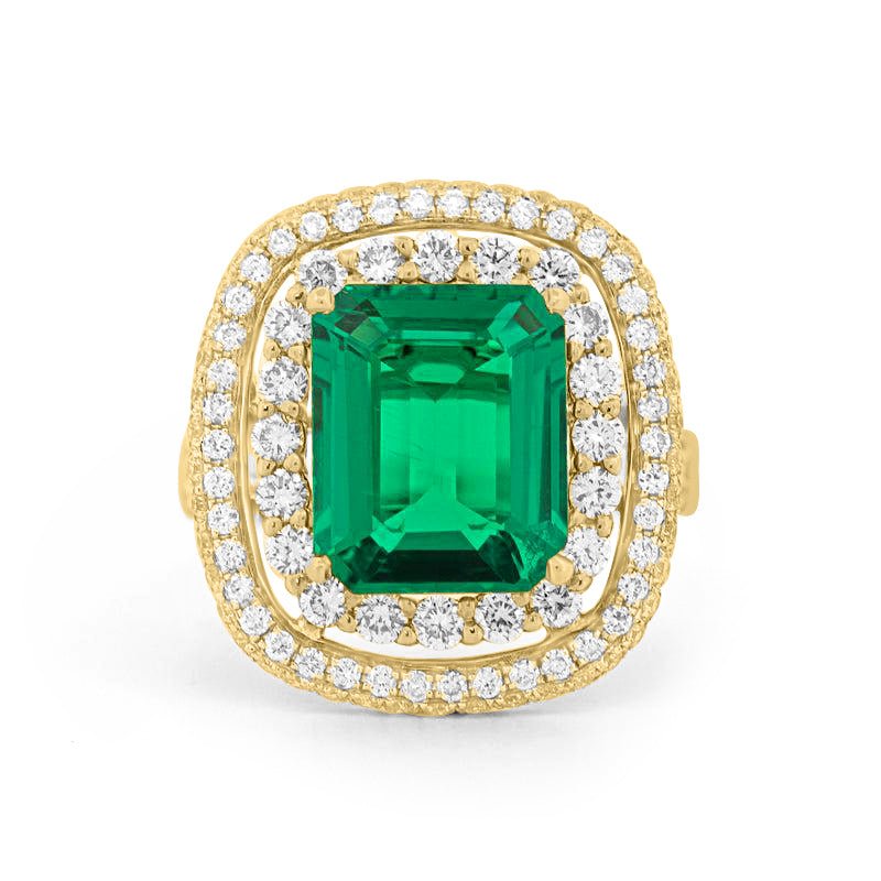4.50 CT Double Halo Cushion Green Emerald Ring - ZIZOV DIAMONDS