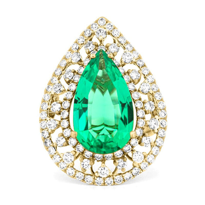 6.89 CT Double Halo Pearshape Green Emerald Ring - ZIZOV DIAMONDS