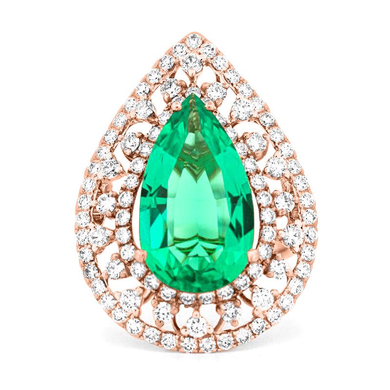 6.89 CT Double Halo Pearshape Green Emerald Ring - ZIZOV DIAMONDS
