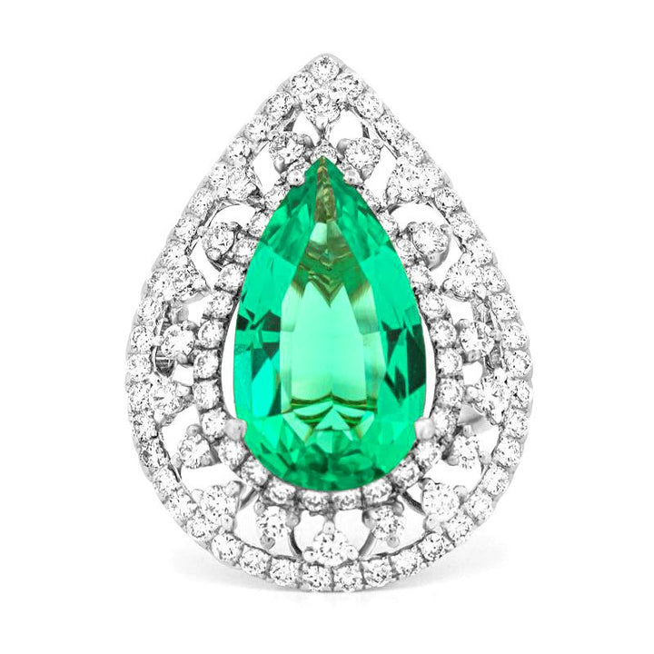 6.89 CT Double Halo Pearshape Green Emerald Ring - ZIZOV DIAMONDS