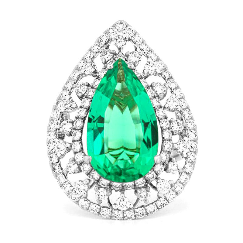 6.89 CT Double Halo Pearshape Green Emerald Ring - ZIZOV DIAMONDS