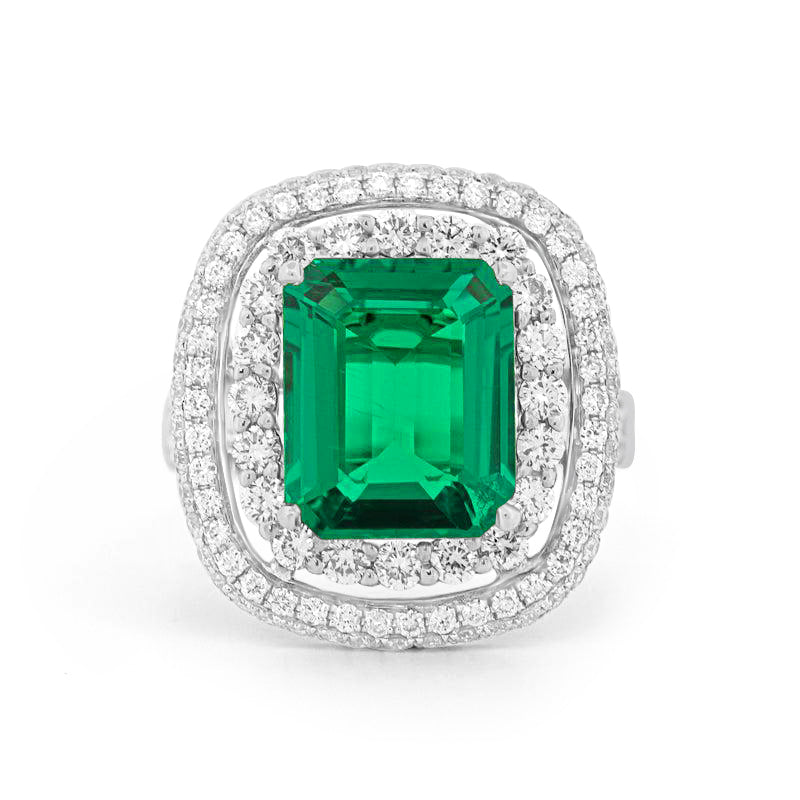 Dubbele Halo Kussen Groene Smaragd Ring