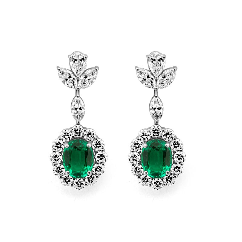 Green Emerald Dangling Halo Earrings (LG) - ZIZOV DIAMONDS