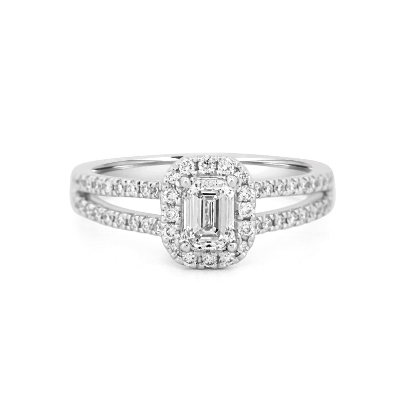 0.50 CT Emerald Cut Halo Solitaire with Split Band - ZIZOV DIAMONDS