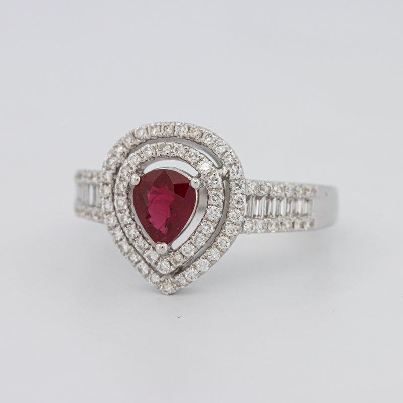 0.85 CT Pearshape Red Ruby Double Halo Ring - ZIZOV DIAMONDS