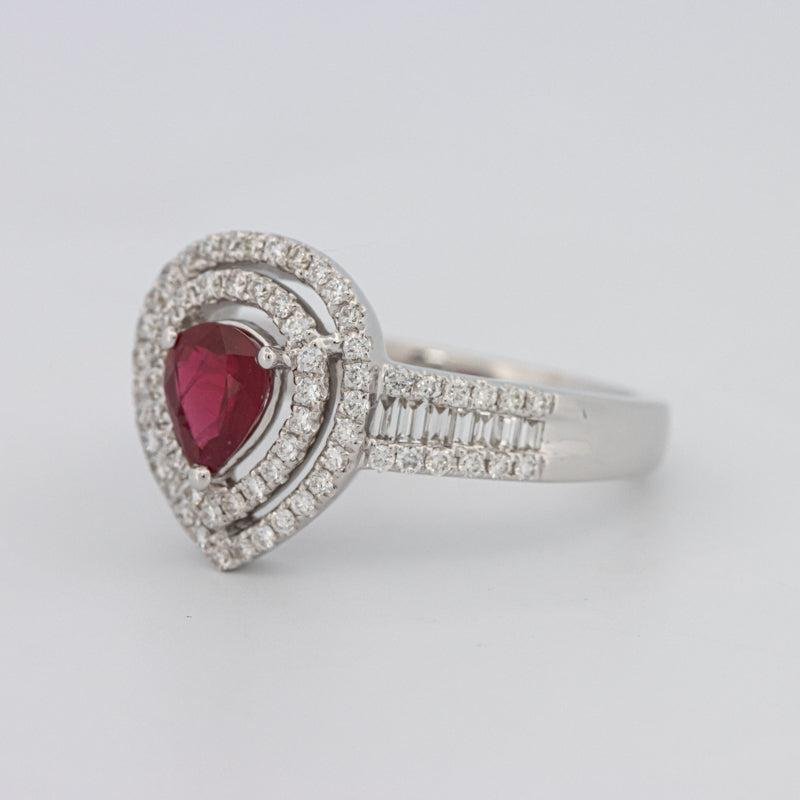 0.85 CT Pearshape Red Ruby Double Halo Ring - ZIZOV DIAMONDS