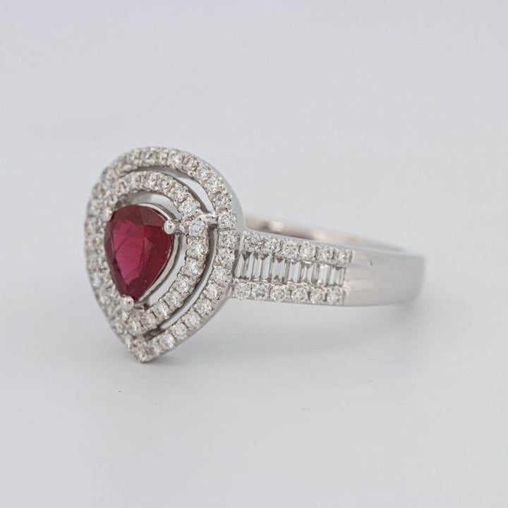 0.85 CT Pearshape Red Ruby Double Halo Ring - ZIZOV DIAMONDS