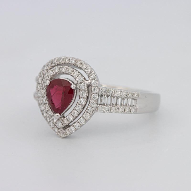 0.85 CT Pearshape Red Ruby Double Halo Ring - ZIZOV DIAMONDS
