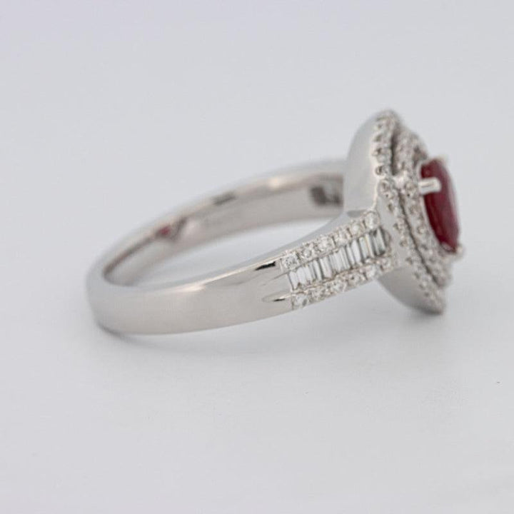 0.85 CT Pearshape Red Ruby Double Halo Ring - ZIZOV DIAMONDS