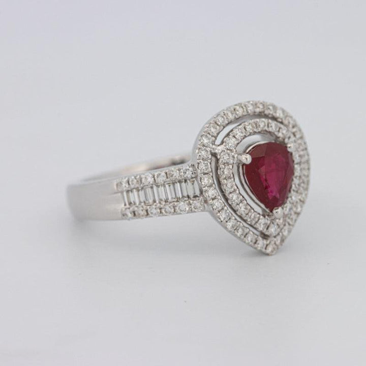 0.85 CT Pearshape Red Ruby Double Halo Ring - ZIZOV DIAMONDS