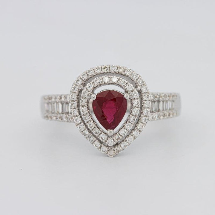 0.85 CT Pearshape Red Ruby Double Halo Ring - ZIZOV DIAMONDS