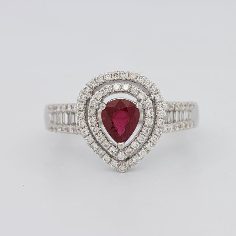 0.85 CT Pearshape Red Ruby Double Halo Ring - ZIZOV DIAMONDS