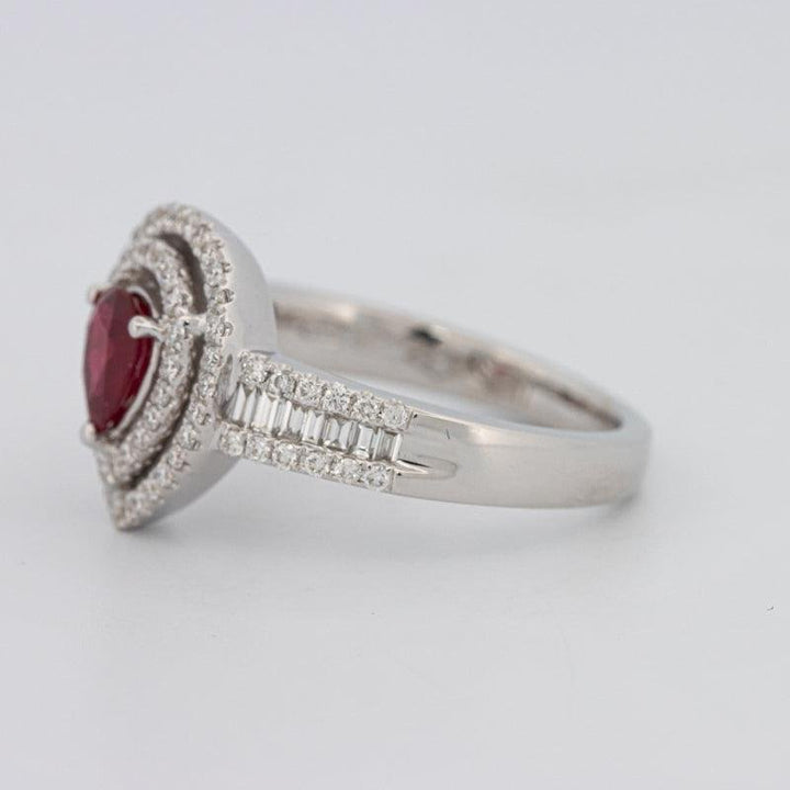 0.85 CT Pearshape Red Ruby Double Halo Ring - ZIZOV DIAMONDS