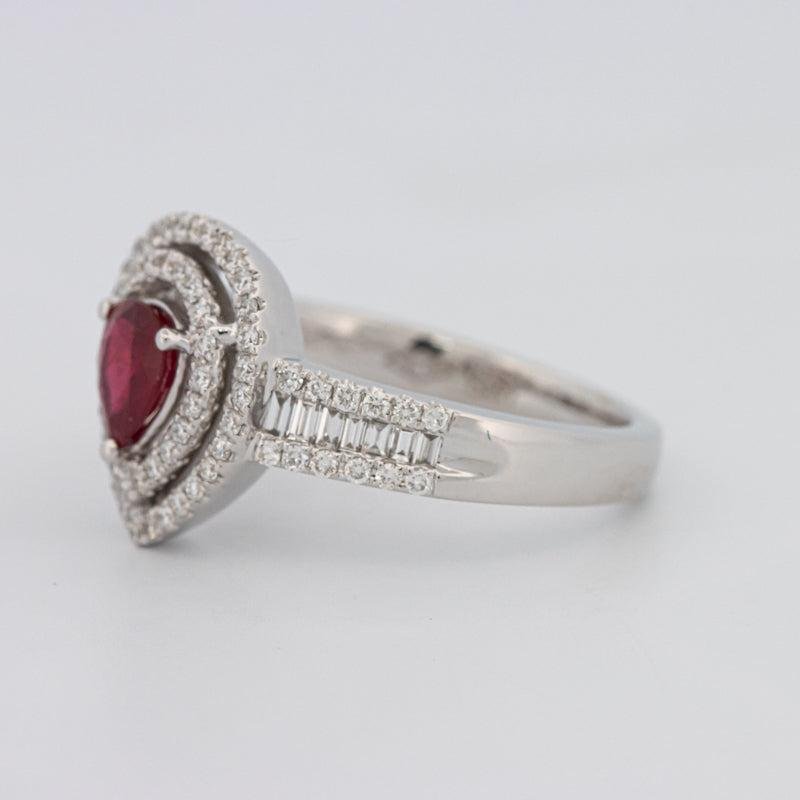 0.85 CT Pearshape Red Ruby Double Halo Ring - ZIZOV DIAMONDS