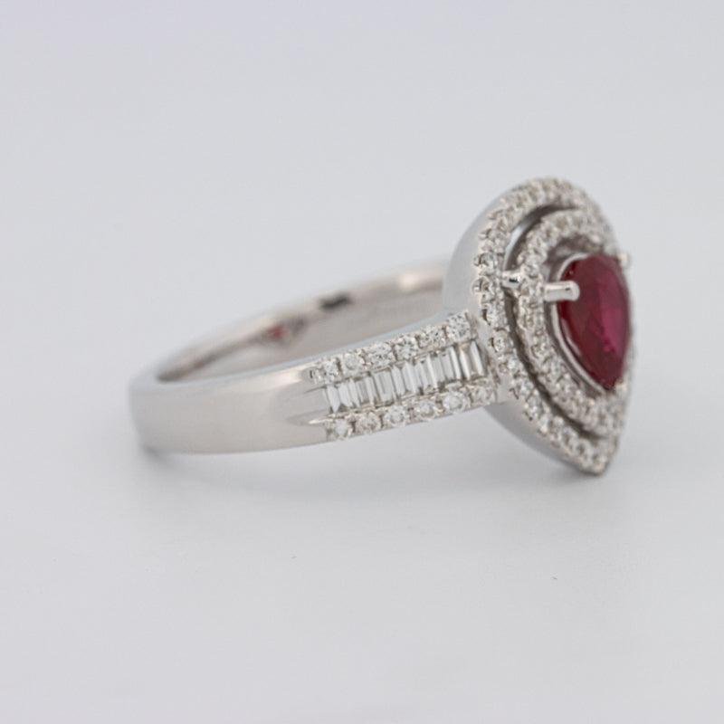0.85 CT Pearshape Red Ruby Double Halo Ring - ZIZOV DIAMONDS