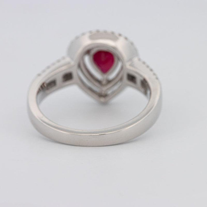 0.85 CT Pearshape Red Ruby Double Halo Ring - ZIZOV DIAMONDS