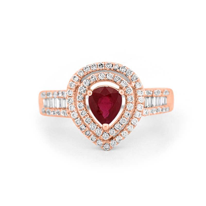 0.85 CT Pearshape Red Ruby Double Halo Ring - ZIZOV DIAMONDS