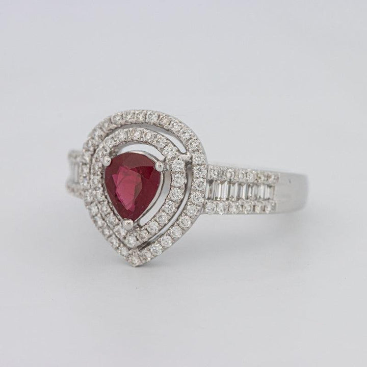 0.85 CT Pearshape Red Ruby Double Halo Ring - ZIZOV DIAMONDS