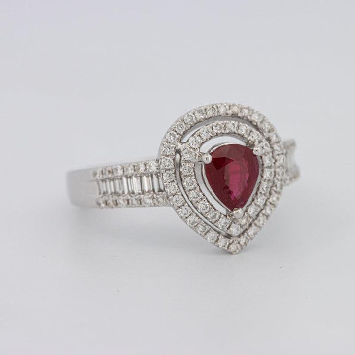 0.85 CT Pearshape Red Ruby Double Halo Ring - ZIZOV DIAMONDS