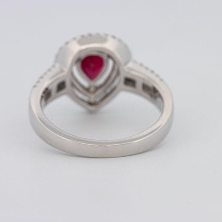 0.85 CT Pearshape Red Ruby Double Halo Ring - ZIZOV DIAMONDS