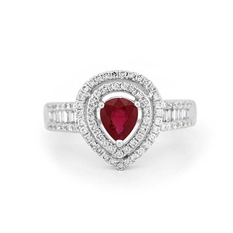 0.85 CT Pearshape Red Ruby Double Halo Ring - ZIZOV DIAMONDS