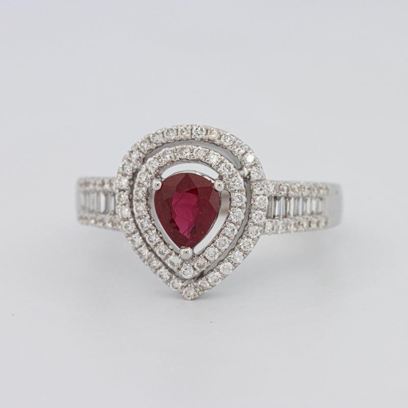 0.85 CT Pearshape Red Ruby Double Halo Ring - ZIZOV DIAMONDS