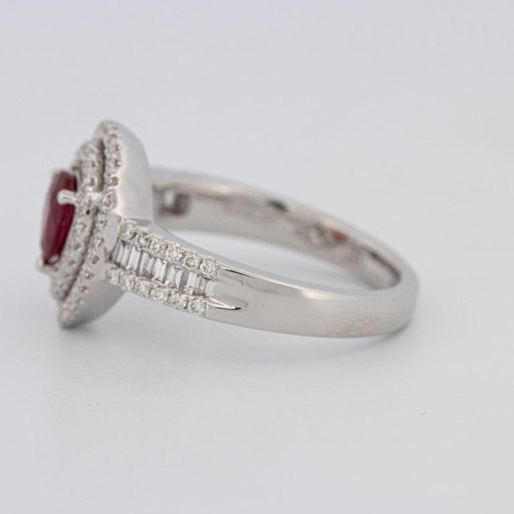 0.85 CT Pearshape Red Ruby Double Halo Ring - ZIZOV DIAMONDS