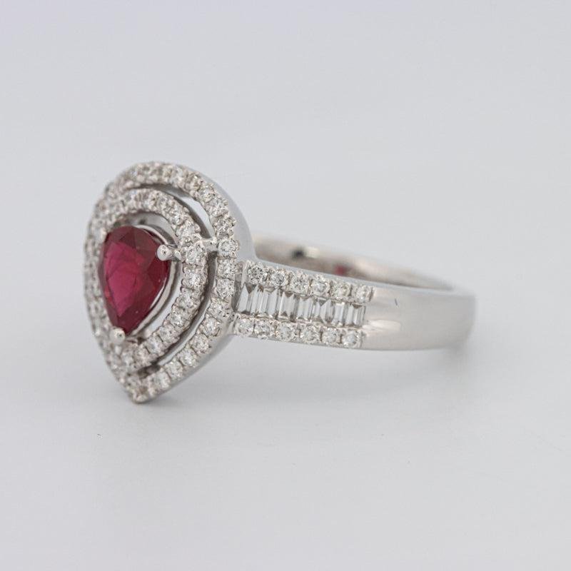 0.85 CT Pearshape Red Ruby Double Halo Ring - ZIZOV DIAMONDS