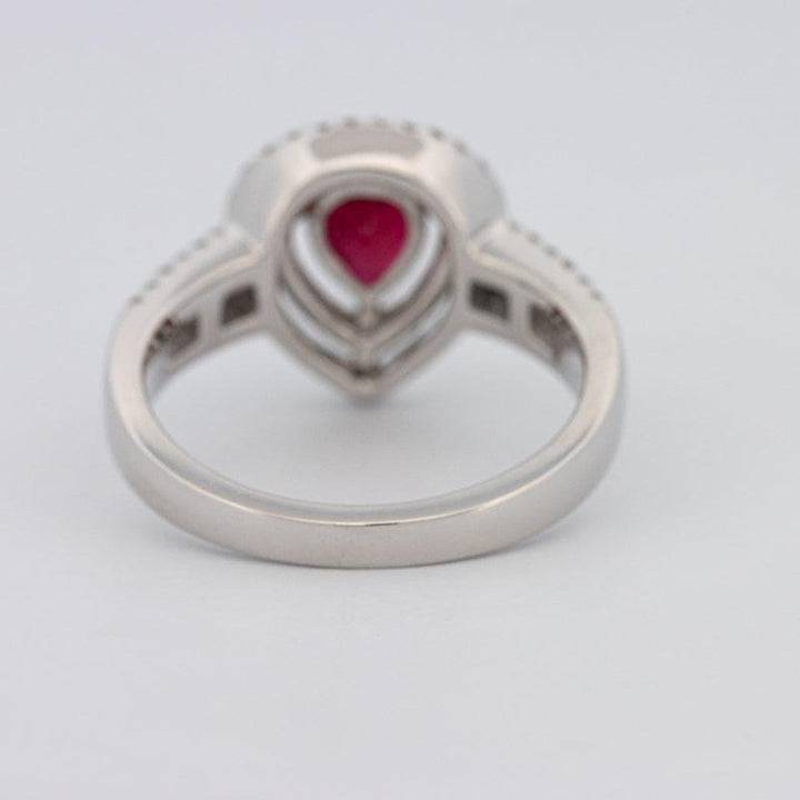 0.85 CT Pearshape Red Ruby Double Halo Ring - ZIZOV DIAMONDS