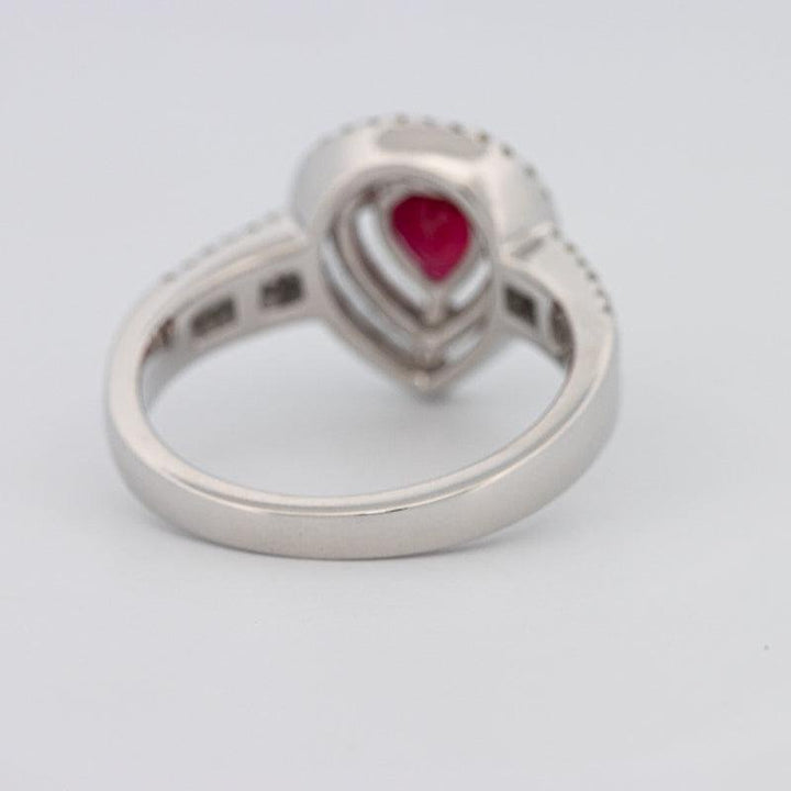0.85 CT Pearshape Red Ruby Double Halo Ring - ZIZOV DIAMONDS