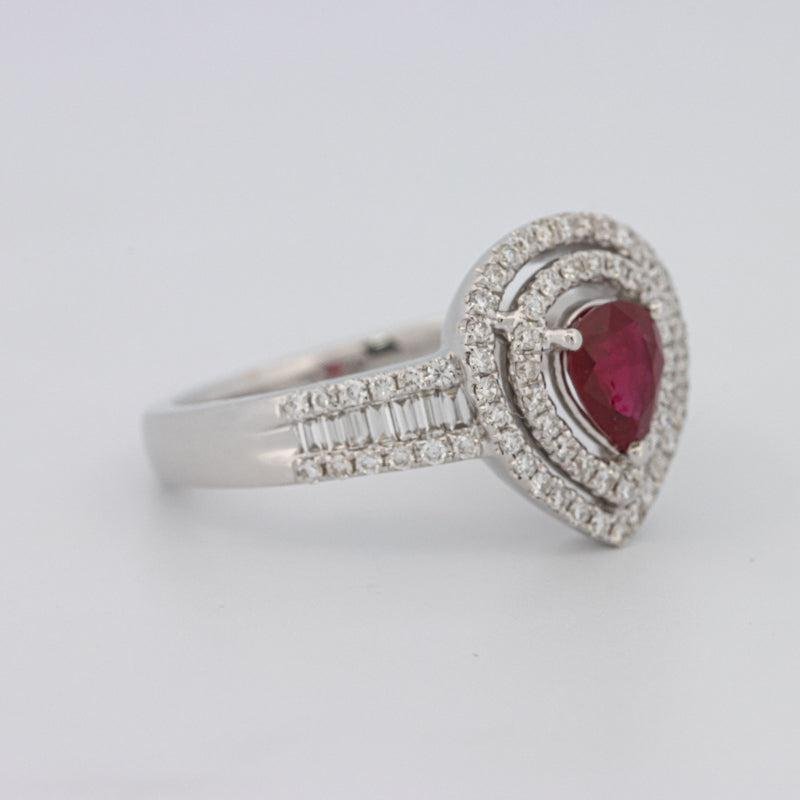 0.85 CT Pearshape Red Ruby Double Halo Ring - ZIZOV DIAMONDS